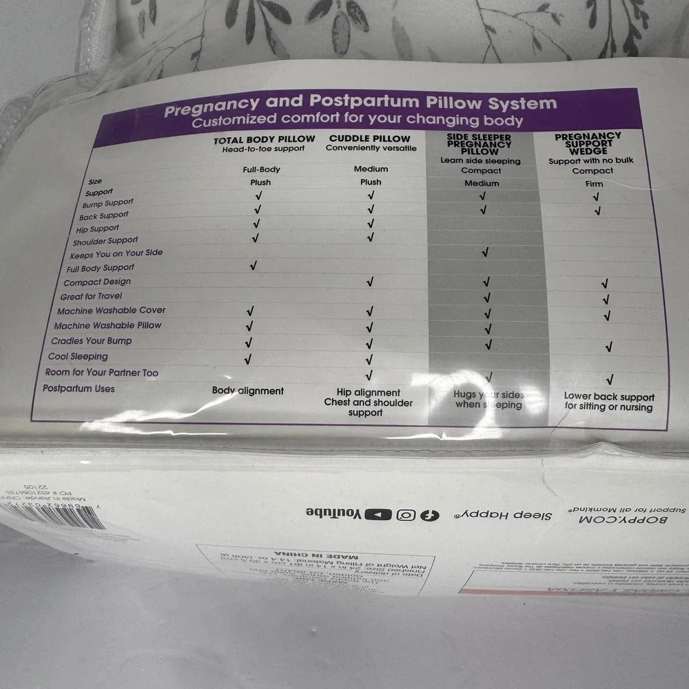 Boppy Side Sleeper Pregnancy Maternity Pillow Jersey Leaf Print Grey White